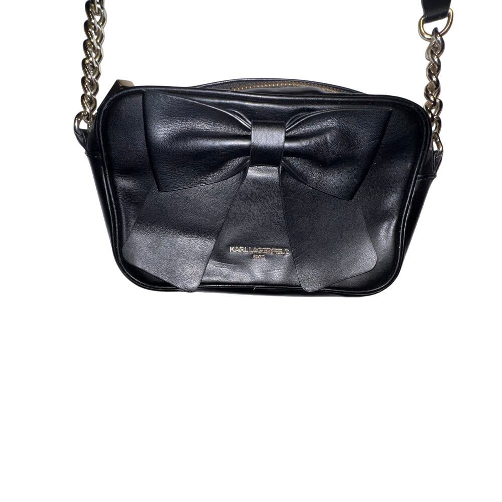 Karl Lagerfeld Chunky Goldtone Chain Exposed‎ Zipper Logo Black Kris Bow handbag